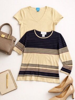 August Silk 2-Pce Sweater Top Bundle M Silk Blend Lightweight Work Office Tops